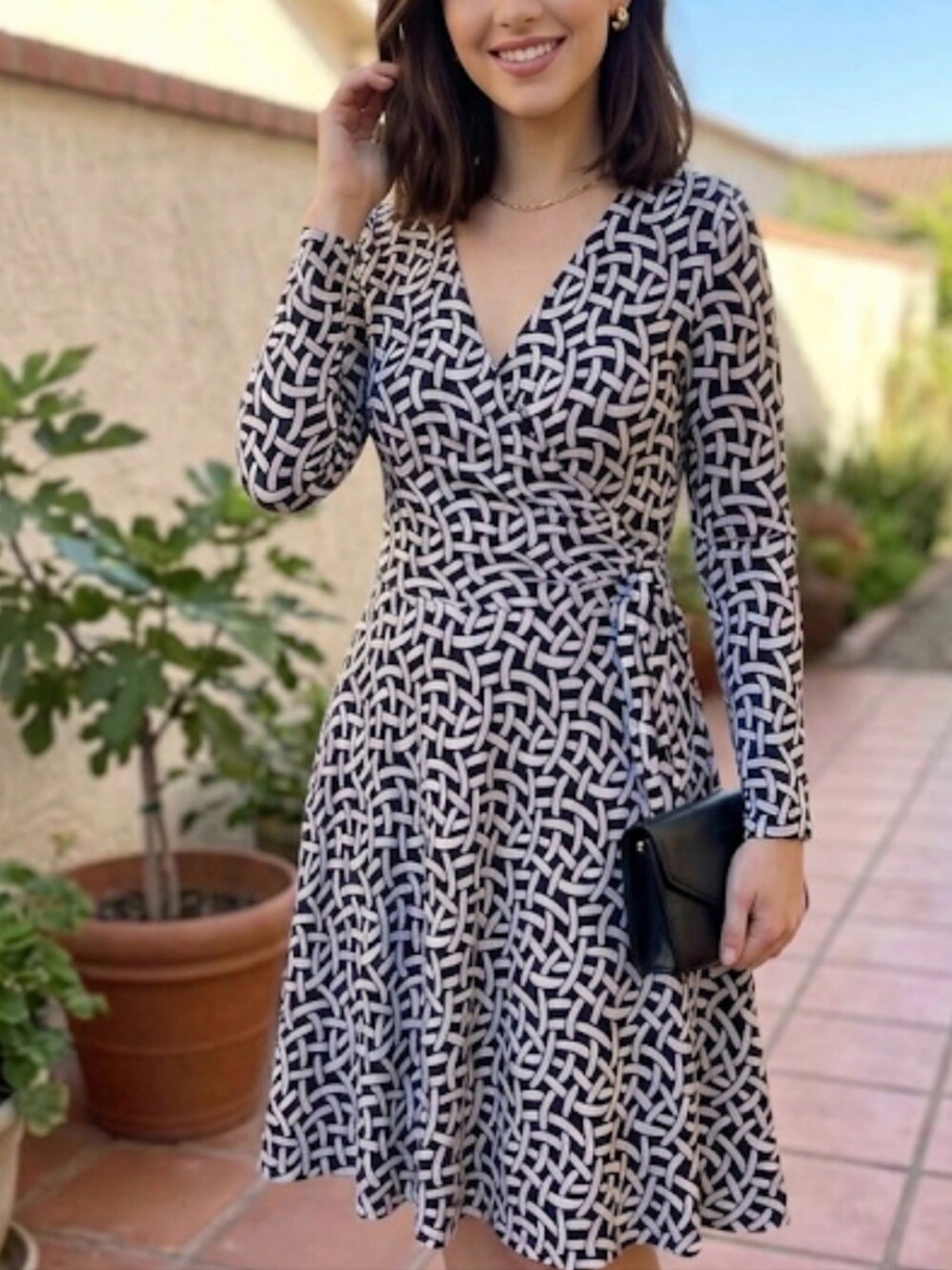 Roz & Ali Black and White Geometric Long Sleeve Wrap Dress